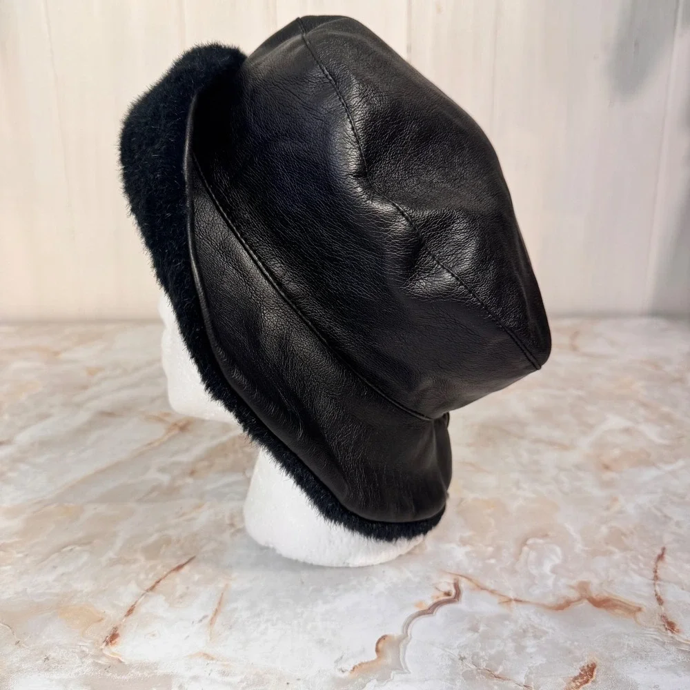Faux Leather Bucket Hat Women Black Faux Leather and Fur Trim Winter Retro Chic